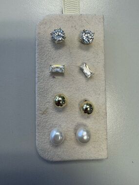 4-Pair Mixed Stud Earring Set - Clear, Gold Plated, Pearl
